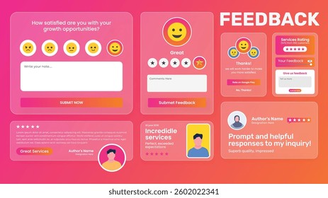 Testimonial satisfaction concept, stars rating Emotional feedback design. Creative testimonials template with different transparent shapes. Vector illustration.