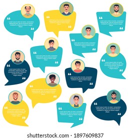 Testimonial Speech bubble concept, male avatar collection, customer testimonials of information graphic, app and website. Creative testimonial template with different forms. Vector illustration.