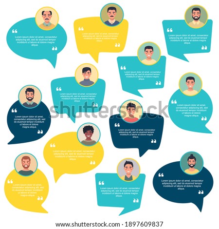 Testimonial Speech bubble concept, male avatar collection, customer testimonials of information graphic, app and website. Creative testimonial template with different forms. Vector illustration.