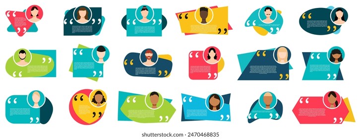 Testimonial speech bubble with people avatar in a flat design. Quote speech bubble boxes with user icons