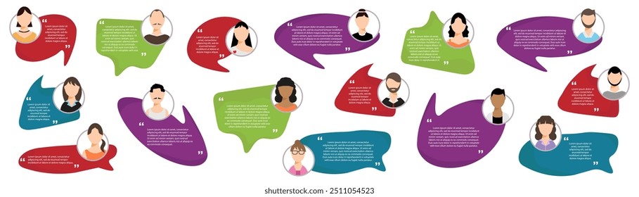 Testimonial speech bubble with people avatar in a flat design. Quote speech bubble boxes with user icons