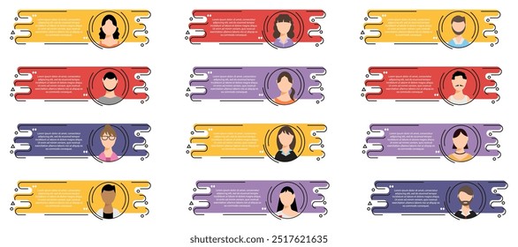 Testimonial speech bubble with people avatar in a flat design. Quote speech bubble boxes with user icons