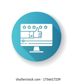 Testimonial video blue flat design long shadow glyph icon. Product review. Digital marketing content. Goods commentary. Purchase positive feedback. Silhouette RGB color illustration