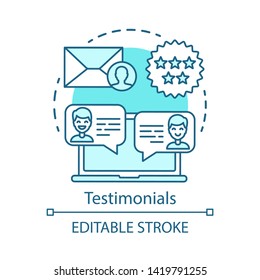 Testimonials blue concept icon. Decision making content idea thin line illustration. Consumer recommendation. Social proof. Marketing strategy. Vector isolated outline drawing. Editable stroke