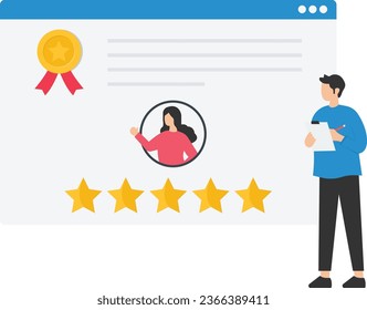 Testimonials client review, Customer praise or opinion or feedback giving 5 stars rating, Message or positive comment, Quality and hard work service, Pushing testimonial card with good reviews


