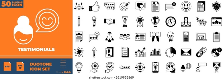 Conjunto de iconos editables Duotone. Ilustración vectorial en el estilo delgado moderno del duotone de los iconos de los testimonios: cliente, servicio, revisión, etc