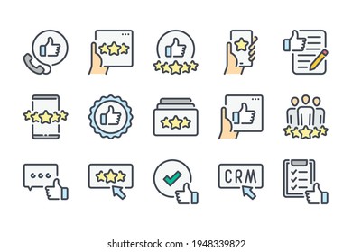 Testimonials and Feedback color line icon set. Customer Satisfaction and Service Rating linear icons. Review and Customer relationship management colorful outline vector sign collection.