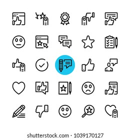 Testimonials, feedback, customer satisfaction, review line icons set. Modern graphic design concepts, simple outline elements collection. 32x32 px. Pixel perfect. Vector line icons