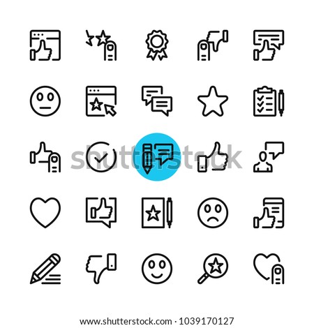 Testimonials, feedback, customer satisfaction, review line icons set. Modern graphic design concepts, simple outline elements collection. 32x32 px. Pixel perfect. Vector line icons