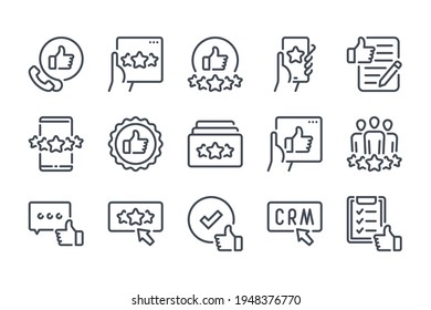 Juego de iconos de línea de comentarios y de testimonios. Iconos lineales de Satisfacción del Cliente y Clasificación de Servicio. Revisión y recopilación de signos vectoriales del esquema de administración de relaciones con el cliente.