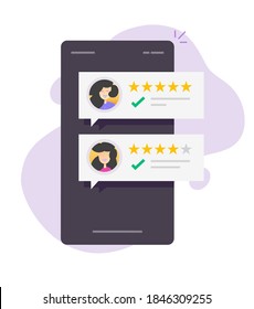 Respuesta de comentarios de los testimonios o revisión de la reputación del cliente en línea en el teléfono móvil vector de smartphone diseño plano aislado, clientes felices evalúan o evalúan comentarios con una buena calificación de cinco estrellas