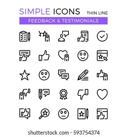 Testimonials, feedback, social network vector thin line icons set. 32x32 px. Flat line graphic design concept for website, web design, mobile app, infographics. Pixel perfect vector outline icons set