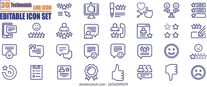 Testimonials icons set. Containing as testimonials, like, rating, survey, review, satisfaction and more. Vector illustration