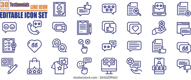 Testimonials icons set. Containing as testimonials, like, rating, survey, review, satisfaction and more. Vector illustration