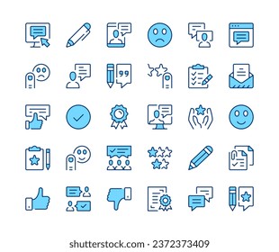 Testimonials icons set. Vector line icons. Blue color outline stroke symbols. Modern concepts