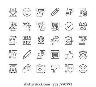 Testimonials icons. Vector line icons set. Survey, comments, rating, user reviews, customer feedback concepts. Black outline stroke symbols