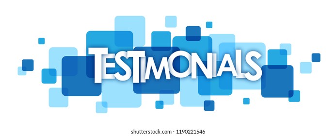 TESTIMONIALS letters banner on blue squares