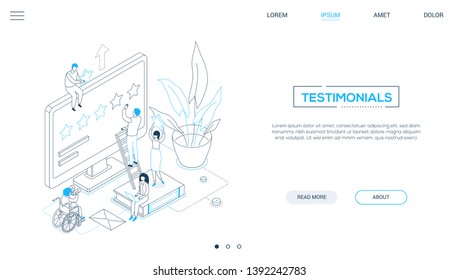 Testimonials - line design style isometric web banner on white background with copy space for text. Header with male, female workers making star rating on computer screen, books, plant. Feedback theme