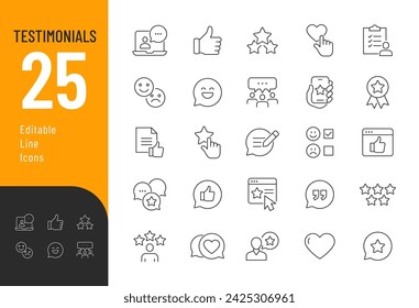 Testimonials Line Editable Icons set. Vector illustration in modern thin line style of feedback related icons: customer relationship, management, emotion, symbols, review, and more