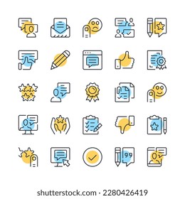 Symbole der Testimonials-Linie. Set von Feedback-Symbolen für Kunden. Schwarz, Blau und Gelb. Modernes Rahmendesign. Vektorliniensymbole