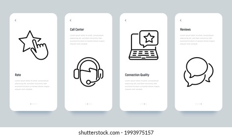 Testimonials mobile user interface with thin line icons set: rate, call canter, connection quality, reviews. Pixel perfect, editable stroke. Vector illustration.