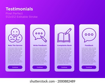 Testimonials mobile user interface with thin line icons set: rate service in app, review, complaints book. Pixel perfect, editable stroke. Vector illustration.