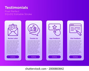 Testimonials mobile user interface with thin line icons set: review letter, thumbs up, app feedback, site feedback. Pixel perfect, editable stroke. Vector illustration.