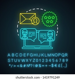 Testimonials neon light icon. Decision making content. Consumer recommendation, review. Referral marketing strategy. Glowing sign with alphabet, numbers and symbols. Vector isolated illustration