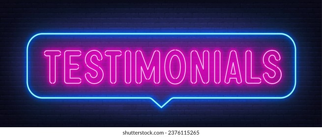 Testimonials Neon-Neon-Zeichen in der Rede Blase auf Ziegelwand Hintergrund.