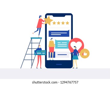 Testimonials on social media - flat design style colorful illustration on white background. Composition with creative business team putting stars, like, thumb up buttons, ratings on smartphone screen