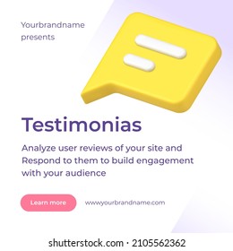 Testimonials online service landing page promo post 3d icon chat box dialog vector illustration. Internet marketing application for analyzing user reviews and respond engagement with audience