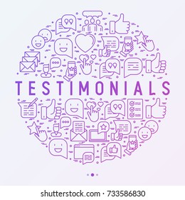 Testimonials and quote concept with thin line icons of review, feedback, survey, comment. Vector illustration for banner, web page, print media.