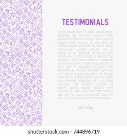 Testimonials and quote concept with thin line icons of review, feedback, survey, comment. Vector illustration for banner, web page, print media.