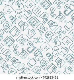 Testimonials and quote seamless pattern with thin line icons of review, feedback, survey, comment. Vector illustration for banner, web page, print media.