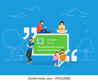 Testimonials quote symbol vector illustration of people using smartphone to make comments in social network. Flat people addicted to leave testimonials for images and news sitting on big quote symbol