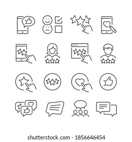 Testimonials related icons: thin vector icon set, black and white kit