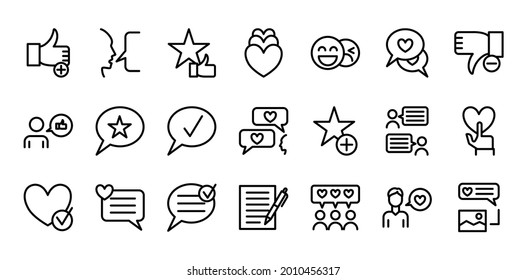 Testimonials Sign Black Thin Line Icon Set Include of Positive Feedback, Message and Survey. Vector illustration of Icons