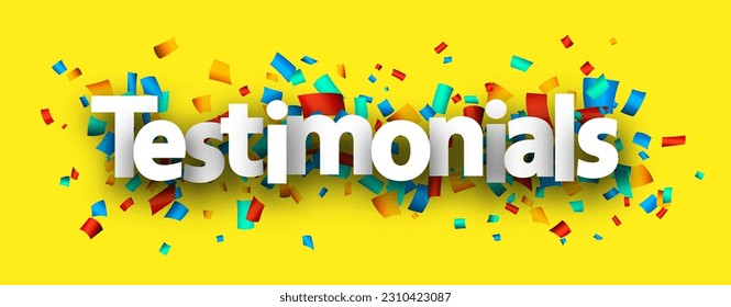 Testimonials sign over cut out ribbon confetti on yellow background. Design element. Vector banner illustration.