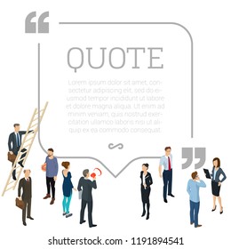 Testimonials square quote shape concept with  young and business people making social network comments. Flat design isometric people.