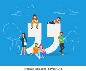 Testimonials symbol concept illustration of young people using smartphone to make comments in social network. Flat people addicted to leave testimonials for images and news sitting on big quote symbol