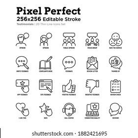 Testimonials thin line icons set: user opinion, group opinion, focus group, rate service in app, positive and negative feedback, review, voting.  Pixel perfect, editable stroke. Vector illustration.