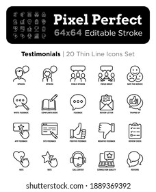 Testimonials thin line icons set: user opinion, group opinion, focus group, rate service in app, positive and negative feedback, review, voting.  Pixel perfect, editable stroke. Vector illustration.