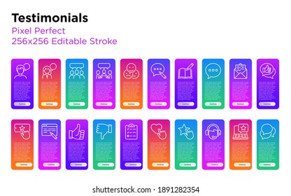 Testimonials thin line icons set: user opinion, group opinion, focus group, rate service in app, positive and negative feedback, review, voting.  Pixel perfect, editable stroke. Vector illustration.