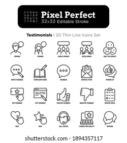 Testimonials thin line icons set: user opinion, group opinion, focus group, rate service in app, positive and negative feedback, review, voting. Pixel perfect, editable stroke. Vector illustration.