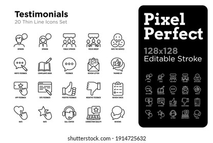 Testimonials thin line icons set: user opinion, group opinion, focus group, rate service in app, positive and negative feedback, review, voting.  Pixel perfect, editable stroke. Vector illustration.