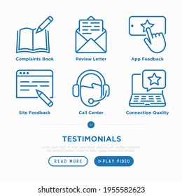 Testimonials thin line icons set: rate service in app, review, voting, complaints book, call canter, connection quality, app  or site feedback. Pixel perfect, editable stroke. Vector illustration