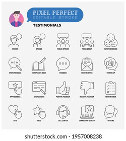 Thesmonials-Icons für dünne Linien: Nutzermeinung, Gruppenmeinung, Fokusgruppe, Preisdienst in App, positives und negatives Feedback, Überprüfung, Abstimmung. Pixel perfekt, bearbeitbarer Strich. Vektorgrafik.