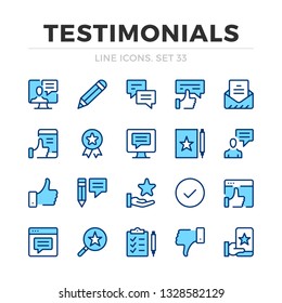 Vektorillustration-Symbole für Testimonials-Symbole. Dünne Linienführung. Rahmengrafische Elemente, einfache Strichsymbole. Testimonicons