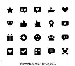 Testimony and Appreciate 20 solid icons design. Contains such as stars, love, thumbs, gifts, diamonds, marks more. 48x48 pixel. Vector illustration Eps 10