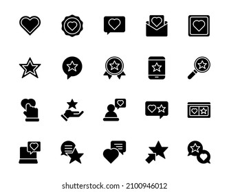 Testimony and Appreciate 20 solid icons design. Contains such as review, stars, love, thumbs, chat, marks, etc. Vector illustration Eps 10